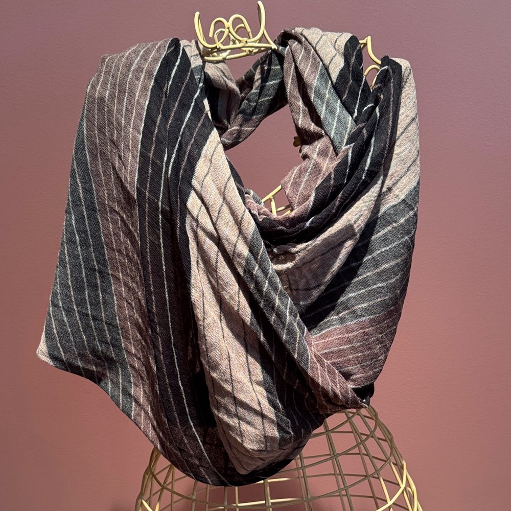 Vince Striped Black and Brown Infinity Scarf (blend of wool, silk & alpaca)